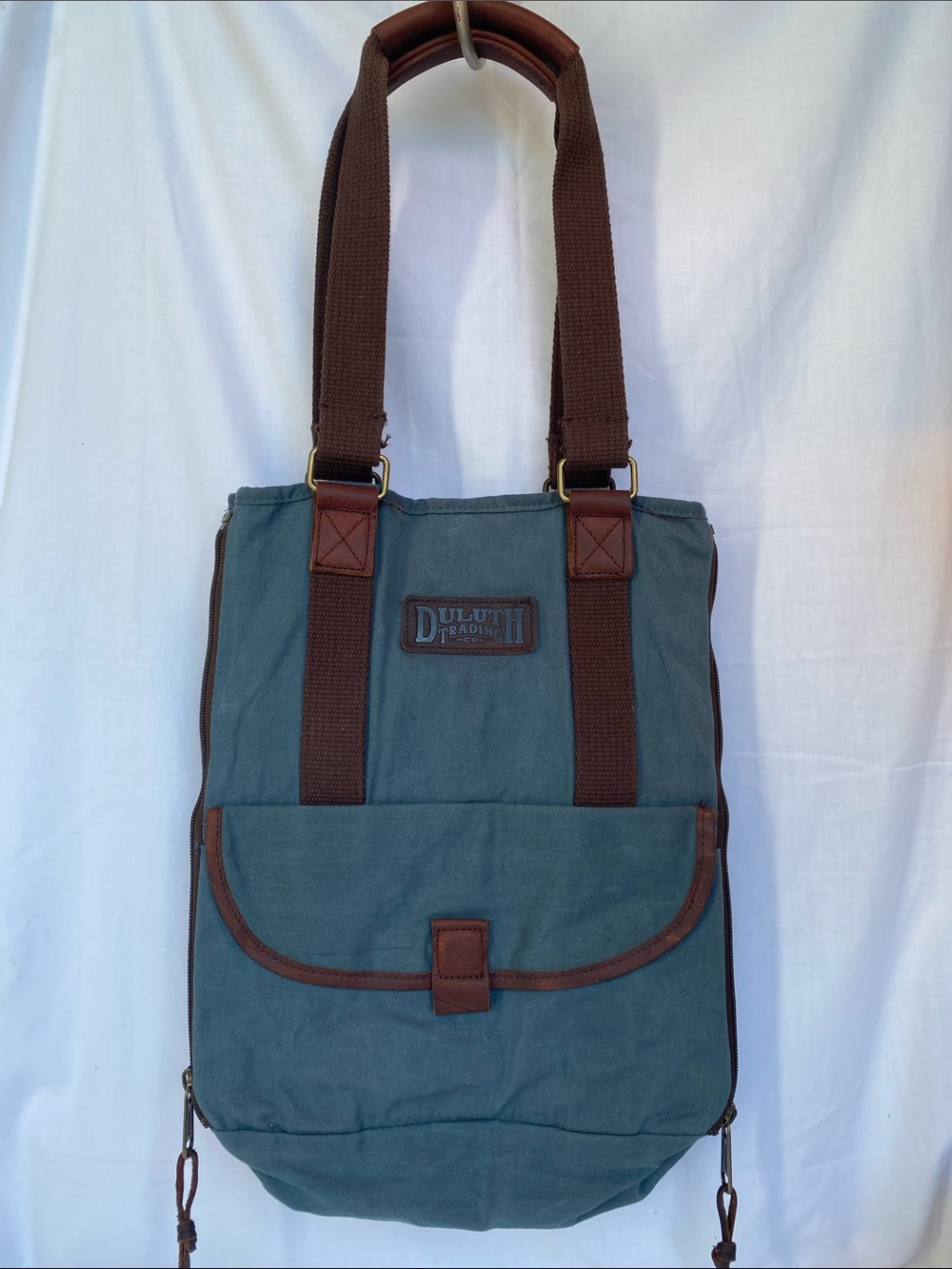 Duluth Trading Co Canvas Messenger Tote in Teal and Brown